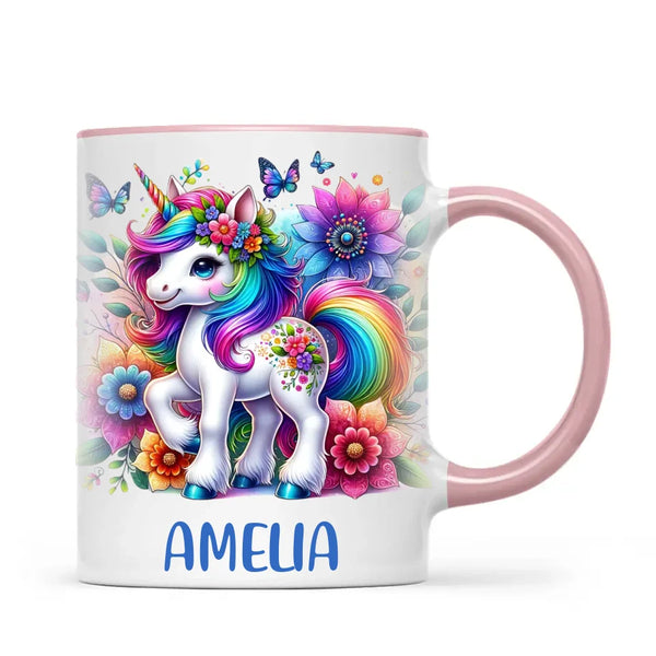 Personalised Rainbow Unicorn Kids Cup - Custom Name Floral Unicorn Mug - 11oz, 6oz or Enamel - Magical Unicorn Gift - NZ Made