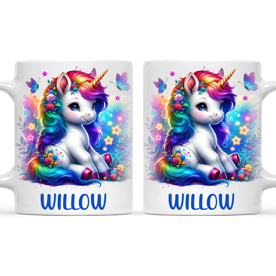 Personalised with Name, Floral Rainbow Unicorn Kids Mug – Customised Magical Unicorn Cup for Children – Available in 11oz, 6oz & Enamel Options