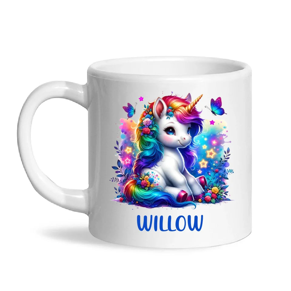 Personalised with Name, Floral Rainbow Unicorn Kids Mug – Customised Magical Unicorn Cup for Children – Available in 11oz, 6oz & Enamel Options