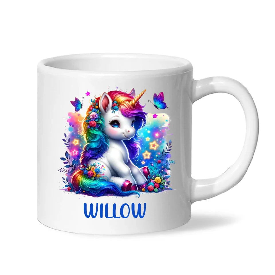 Personalised with Name, Floral Rainbow Unicorn Kids Mug – Customised Magical Unicorn Cup for Children – Available in 11oz, 6oz & Enamel Options