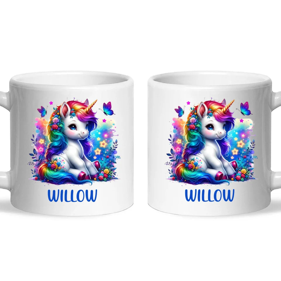 Personalised with Name, Floral Rainbow Unicorn Kids Mug – Customised Magical Unicorn Cup for Children – Available in 11oz, 6oz & Enamel Options