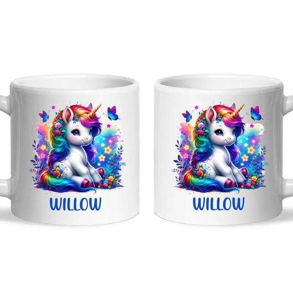 Personalised with Name, Floral Rainbow Unicorn Kids Mug – Customised Magical Unicorn Cup for Children – Available in 11oz, 6oz & Enamel Options