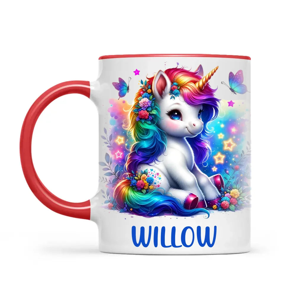 Personalised with Name, Floral Rainbow Unicorn Kids Mug – Customised Magical Unicorn Cup for Children – Available in 11oz, 6oz & Enamel Options