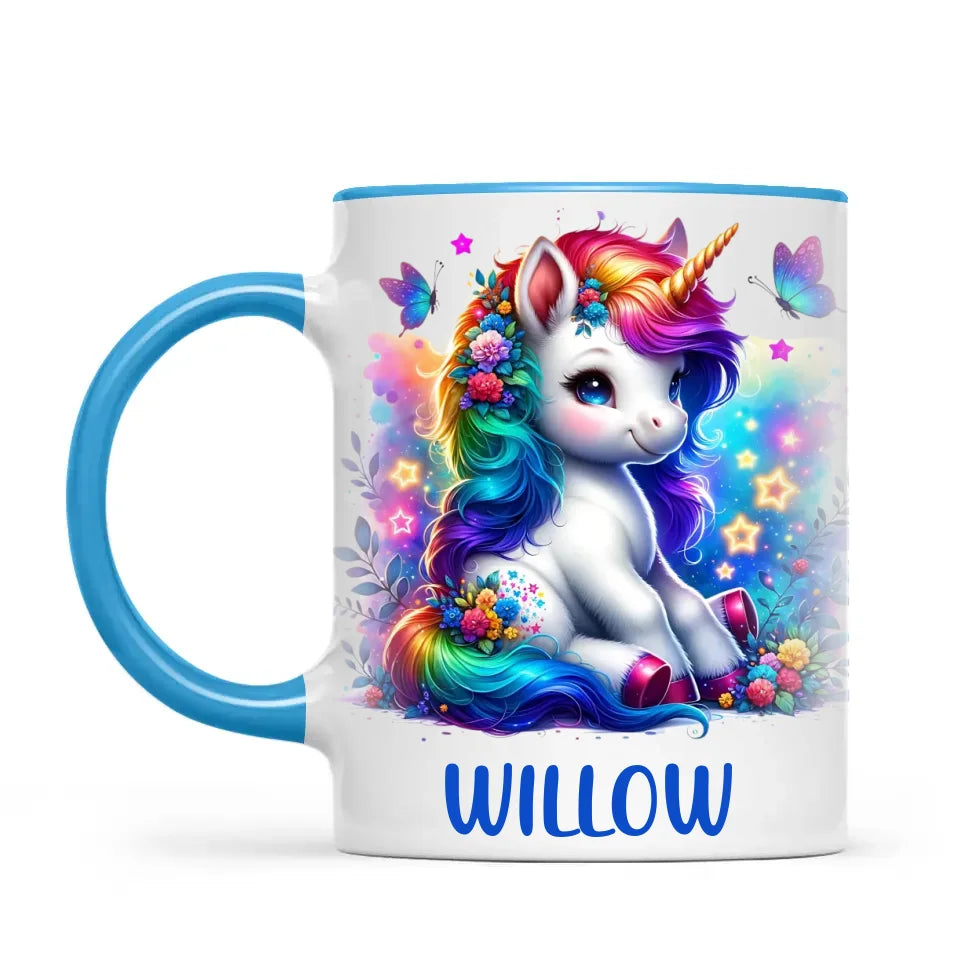Personalised with Name, Floral Rainbow Unicorn Kids Mug – Customised Magical Unicorn Cup for Children – Available in 11oz, 6oz & Enamel Options