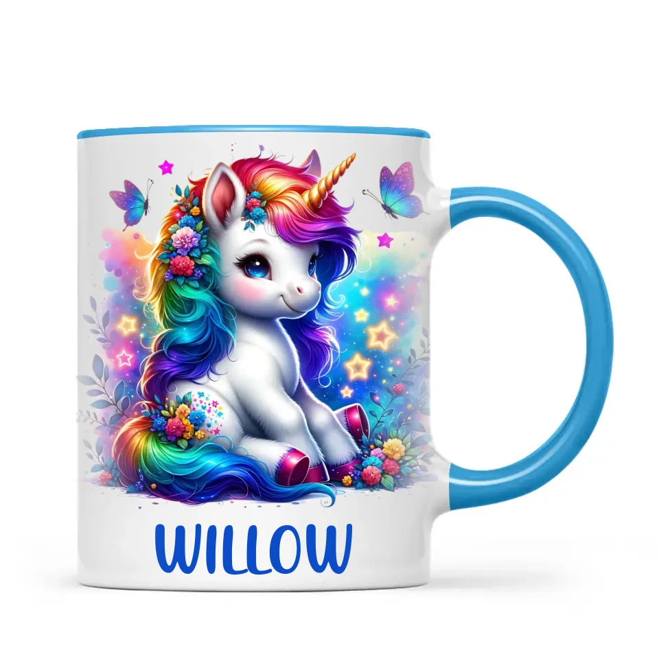 Personalised with Name, Floral Rainbow Unicorn Kids Mug – Customised Magical Unicorn Cup for Children – Available in 11oz, 6oz & Enamel Options