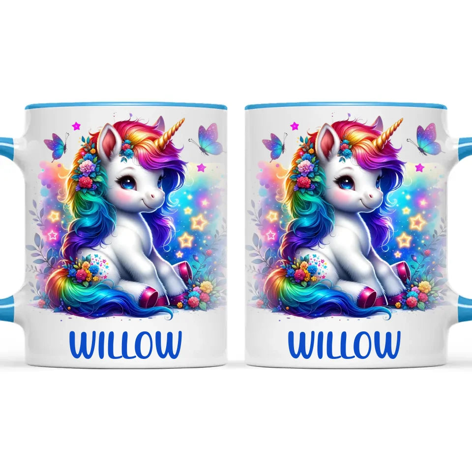 Personalised with Name, Floral Rainbow Unicorn Kids Mug – Customised Magical Unicorn Cup for Children – Available in 11oz, 6oz & Enamel Options
