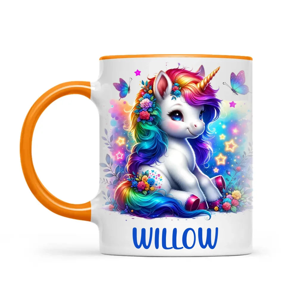 Personalised with Name, Floral Rainbow Unicorn Kids Mug – Customised Magical Unicorn Cup for Children – Available in 11oz, 6oz & Enamel Options