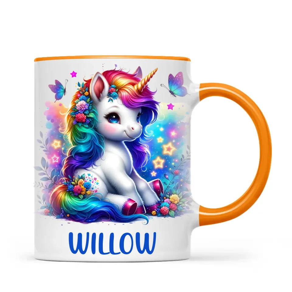 Personalised with Name, Floral Rainbow Unicorn Kids Mug – Customised Magical Unicorn Cup for Children – Available in 11oz, 6oz & Enamel Options