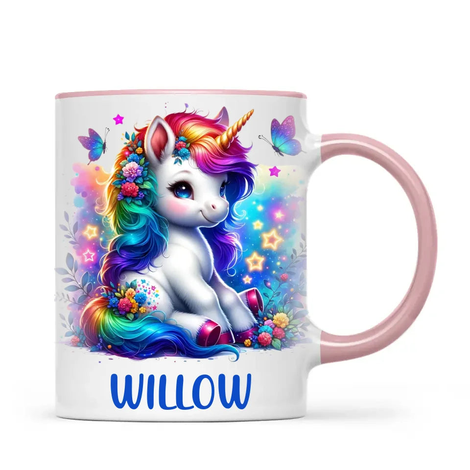 Personalised with Name, Floral Rainbow Unicorn Kids Mug – Customised Magical Unicorn Cup for Children – Available in 11oz, 6oz & Enamel Options
