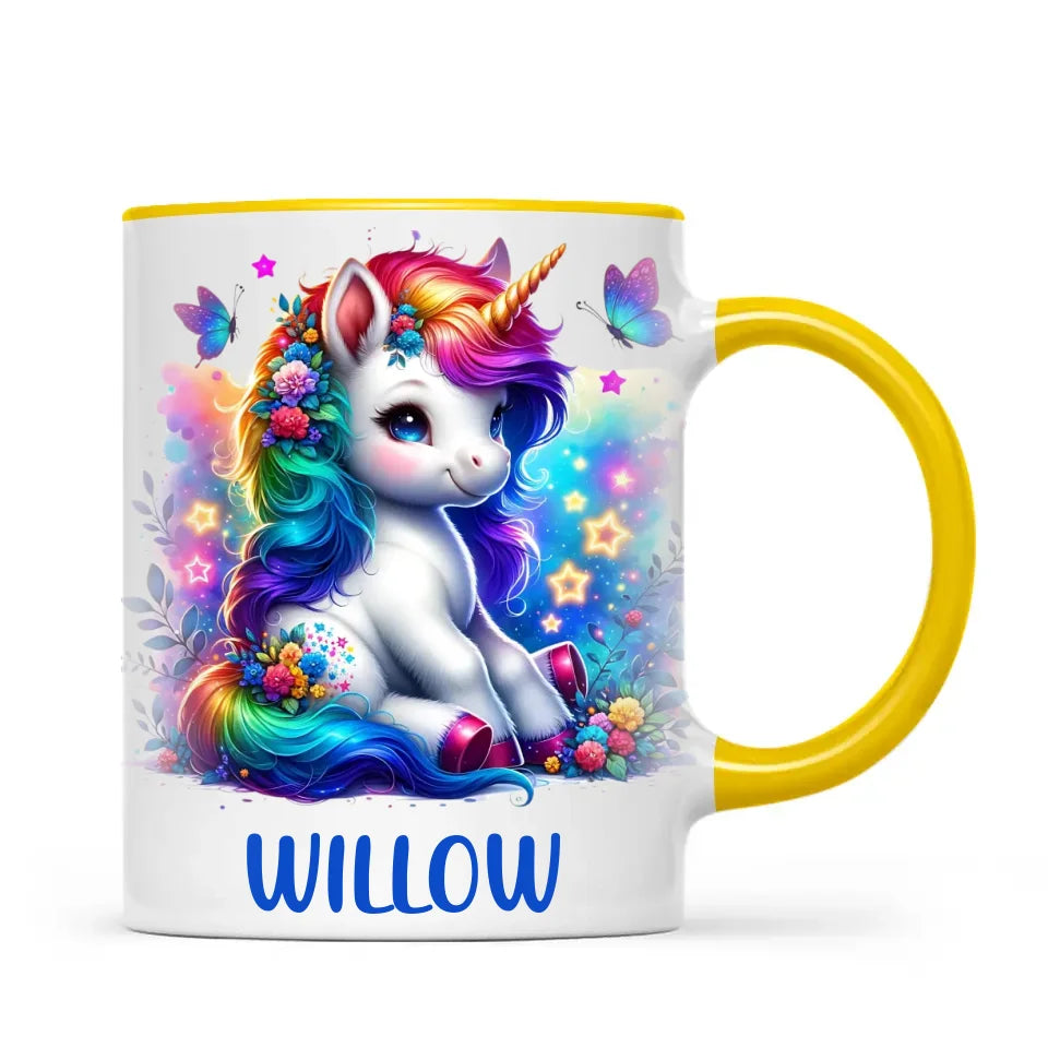 Personalised with Name, Floral Rainbow Unicorn Kids Mug – Customised Magical Unicorn Cup for Children – Available in 11oz, 6oz & Enamel Options