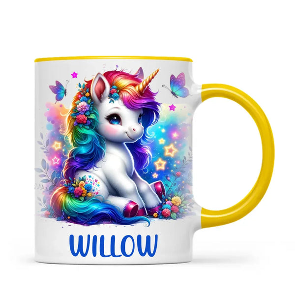 Personalised with Name, Floral Rainbow Unicorn Kids Mug – Customised Magical Unicorn Cup for Children – Available in 11oz, 6oz & Enamel Options