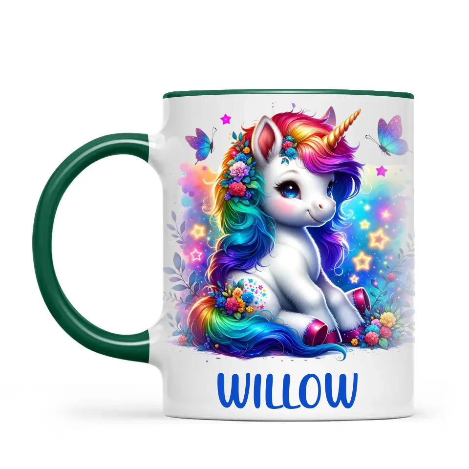Personalised with Name, Floral Rainbow Unicorn Kids Mug – Customised Magical Unicorn Cup for Children – Available in 11oz, 6oz & Enamel Options