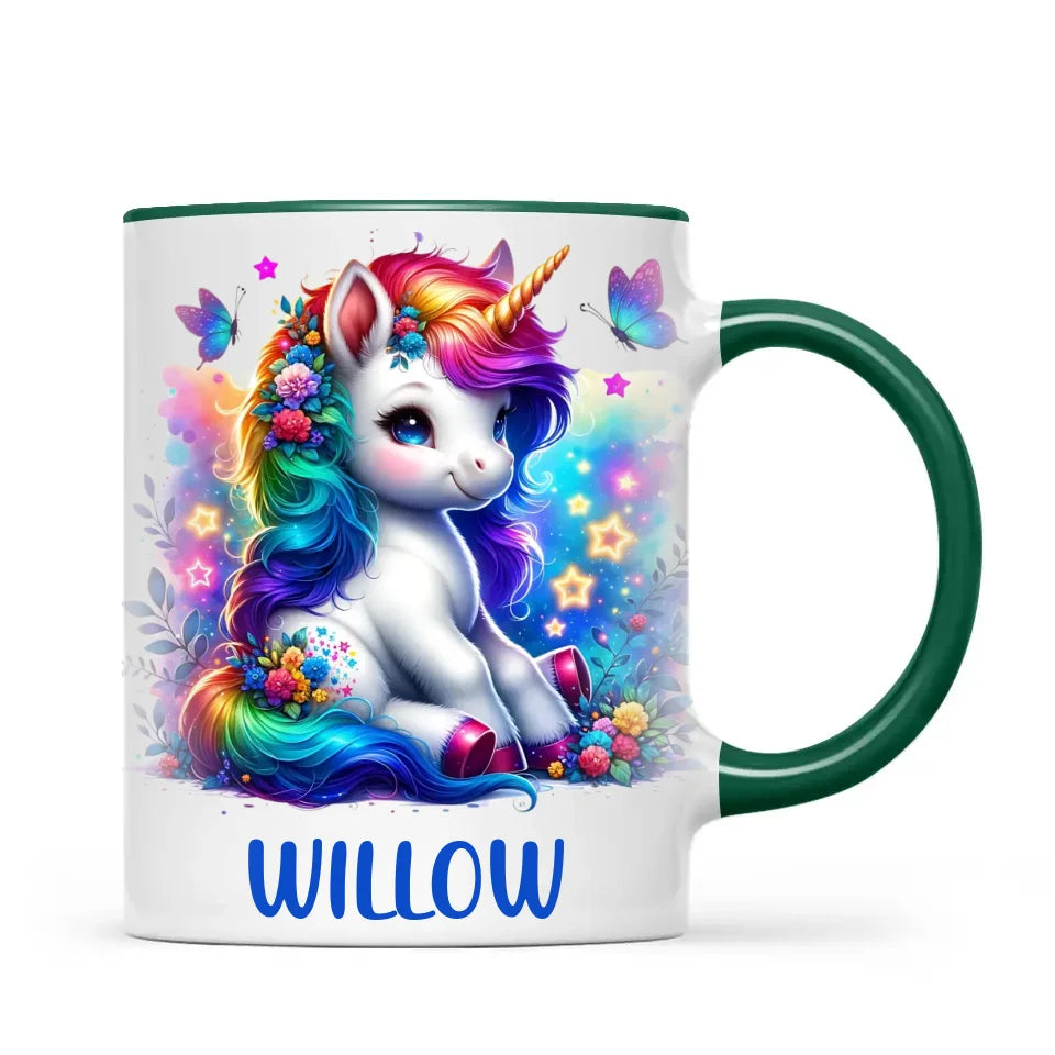 Personalised with Name, Floral Rainbow Unicorn Kids Mug – Customised Magical Unicorn Cup for Children – Available in 11oz, 6oz & Enamel Options