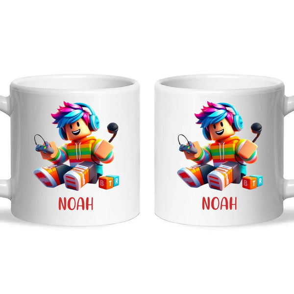 Personalised with Name, Gamer Character Kids Mug – Customised Gaming Avatar Cup for Children – Available in 11oz, 6oz & Enamel Options