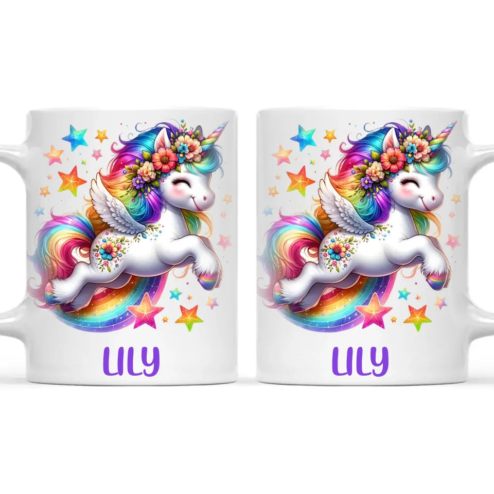 Personalised with Name, Rainbow Unicorn Kids Mug – Customised Magical Unicorn Cup for Children – Available in 11oz, 6oz & Enamel Options