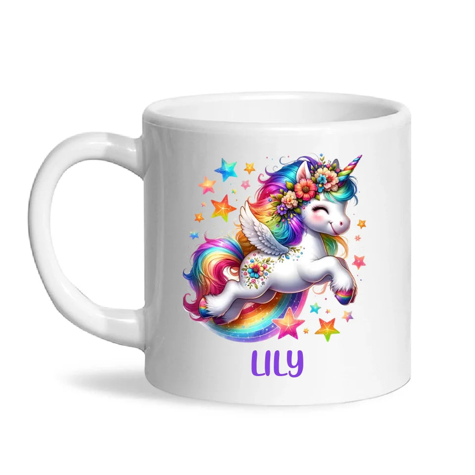 Personalised with Name, Rainbow Unicorn Kids Mug – Customised Magical Unicorn Cup for Children – Available in 11oz, 6oz & Enamel Options