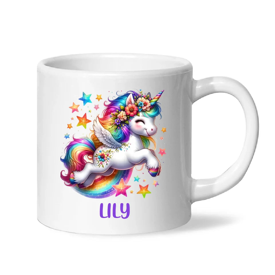 Personalised with Name, Rainbow Unicorn Kids Mug – Customised Magical Unicorn Cup for Children – Available in 11oz, 6oz & Enamel Options