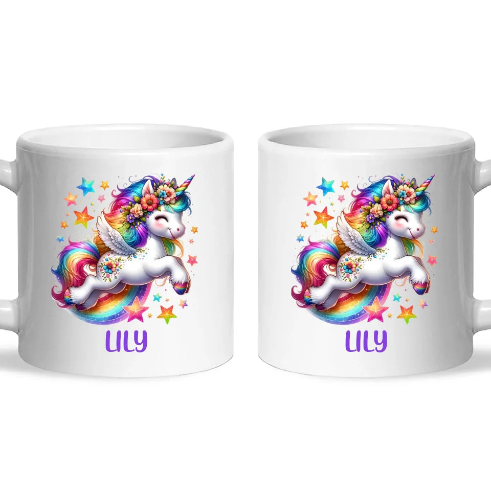 Personalised with Name, Rainbow Unicorn Kids Mug – Customised Magical Unicorn Cup for Children – Available in 11oz, 6oz & Enamel Options