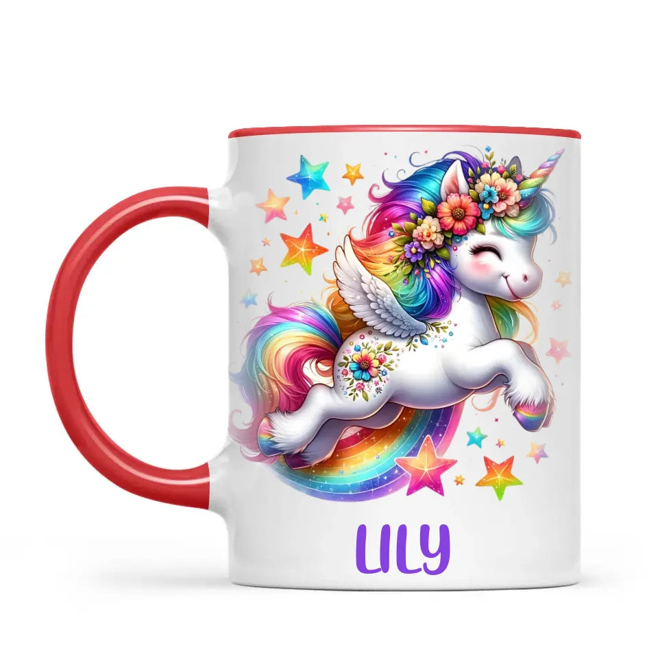 Personalised with Name, Rainbow Unicorn Kids Mug – Customised Magical Unicorn Cup for Children – Available in 11oz, 6oz & Enamel Options