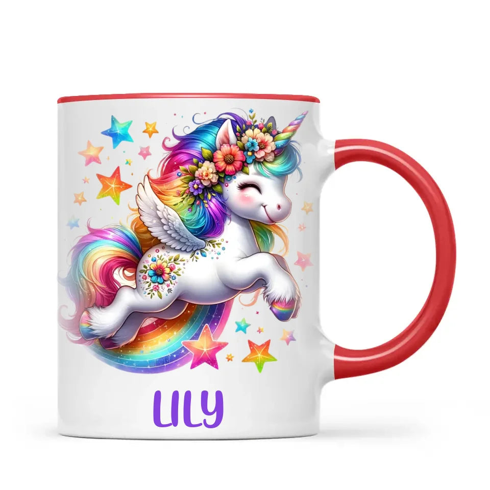 Personalised with Name, Rainbow Unicorn Kids Mug – Customised Magical Unicorn Cup for Children – Available in 11oz, 6oz & Enamel Options