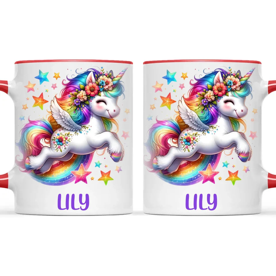 Personalised with Name, Rainbow Unicorn Kids Mug – Customised Magical Unicorn Cup for Children – Available in 11oz, 6oz & Enamel Options