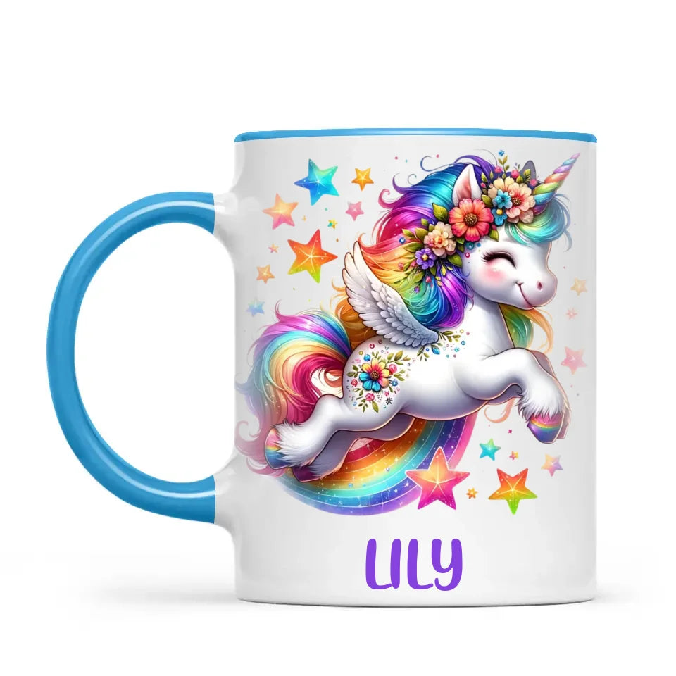 Personalised with Name, Rainbow Unicorn Kids Mug – Customised Magical Unicorn Cup for Children – Available in 11oz, 6oz & Enamel Options