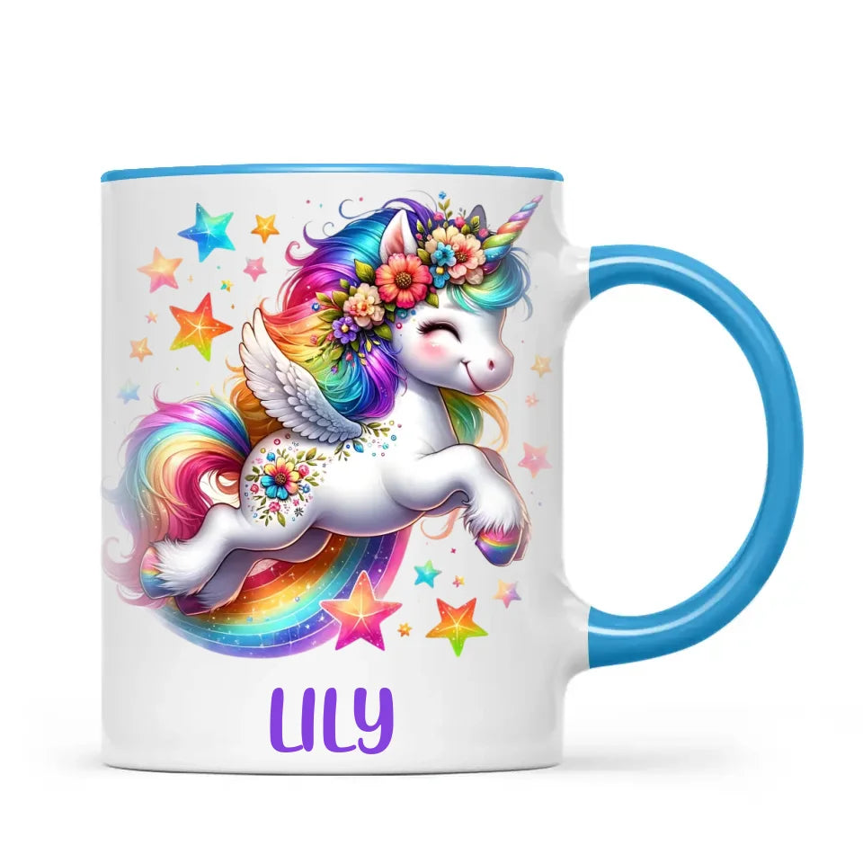 Personalised with Name, Rainbow Unicorn Kids Mug – Customised Magical Unicorn Cup for Children – Available in 11oz, 6oz & Enamel Options