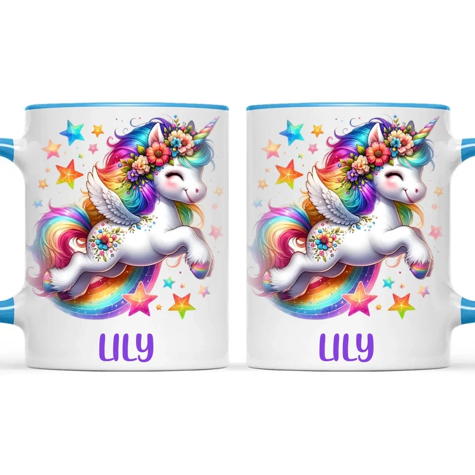 Personalised with Name, Rainbow Unicorn Kids Mug – Customised Magical Unicorn Cup for Children – Available in 11oz, 6oz & Enamel Options