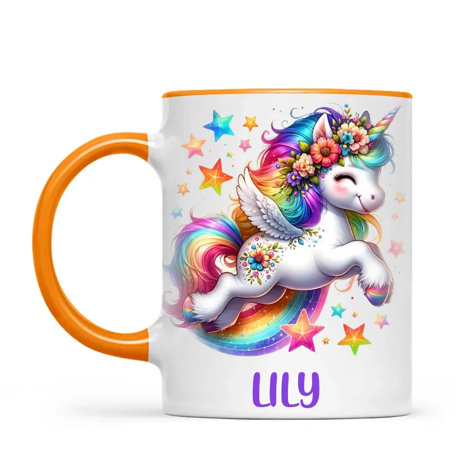 Personalised with Name, Rainbow Unicorn Kids Mug – Customised Magical Unicorn Cup for Children – Available in 11oz, 6oz & Enamel Options