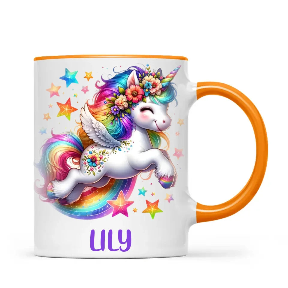 Personalised with Name, Rainbow Unicorn Kids Mug – Customised Magical Unicorn Cup for Children – Available in 11oz, 6oz & Enamel Options