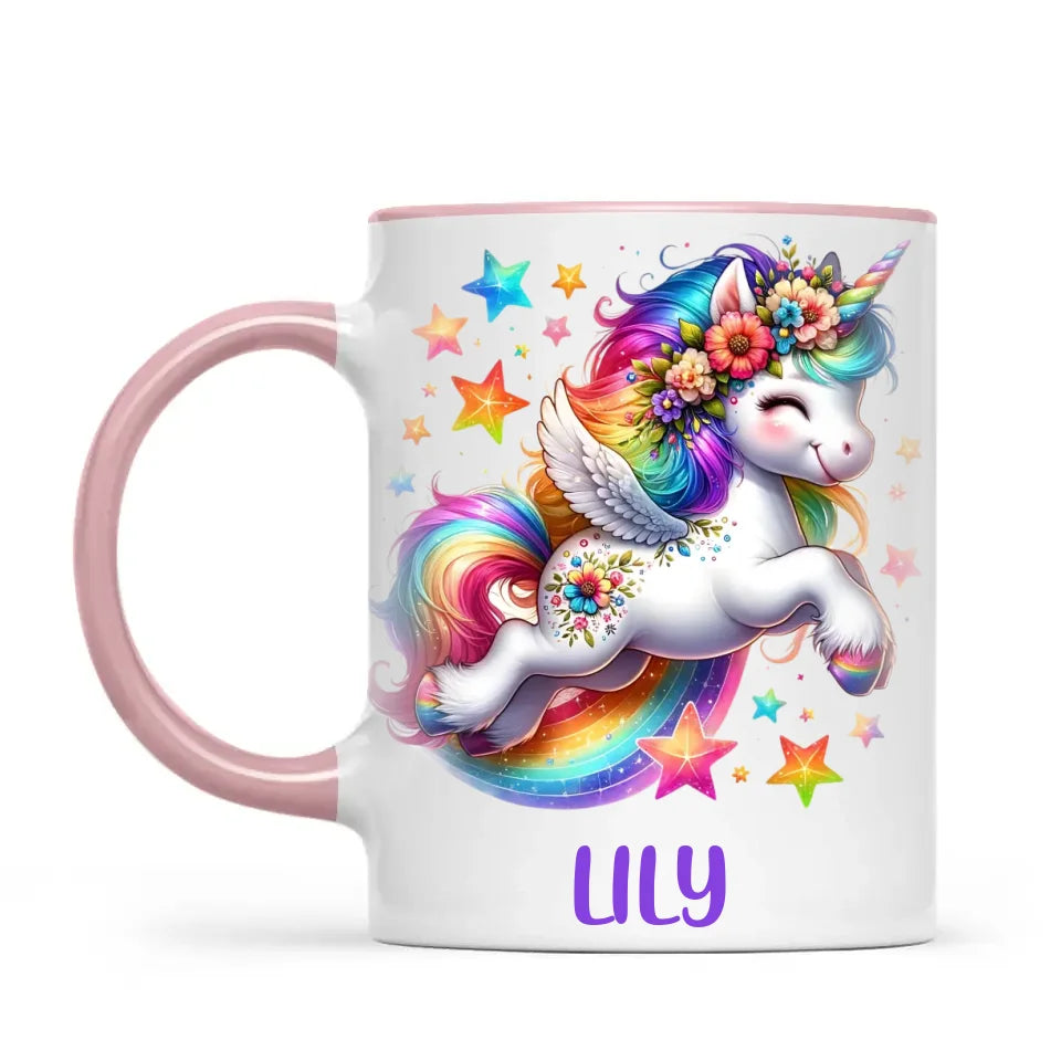 Personalised with Name, Rainbow Unicorn Kids Mug – Customised Magical Unicorn Cup for Children – Available in 11oz, 6oz & Enamel Options