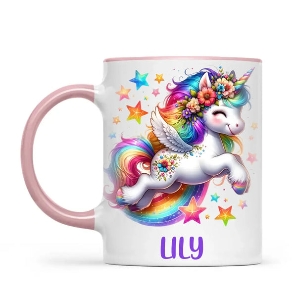 Personalised with Name, Rainbow Unicorn Kids Mug – Customised Magical Unicorn Cup for Children – Available in 11oz, 6oz & Enamel Options