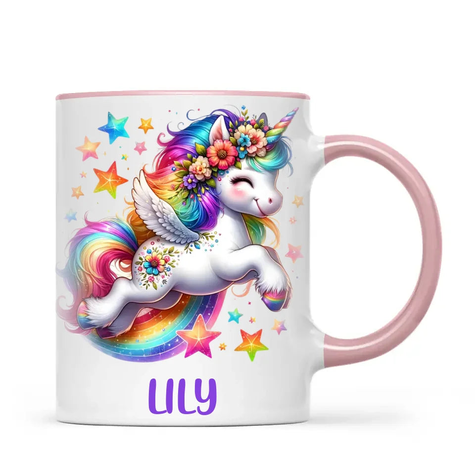 Personalised with Name, Rainbow Unicorn Kids Mug – Customised Magical Unicorn Cup for Children – Available in 11oz, 6oz & Enamel Options