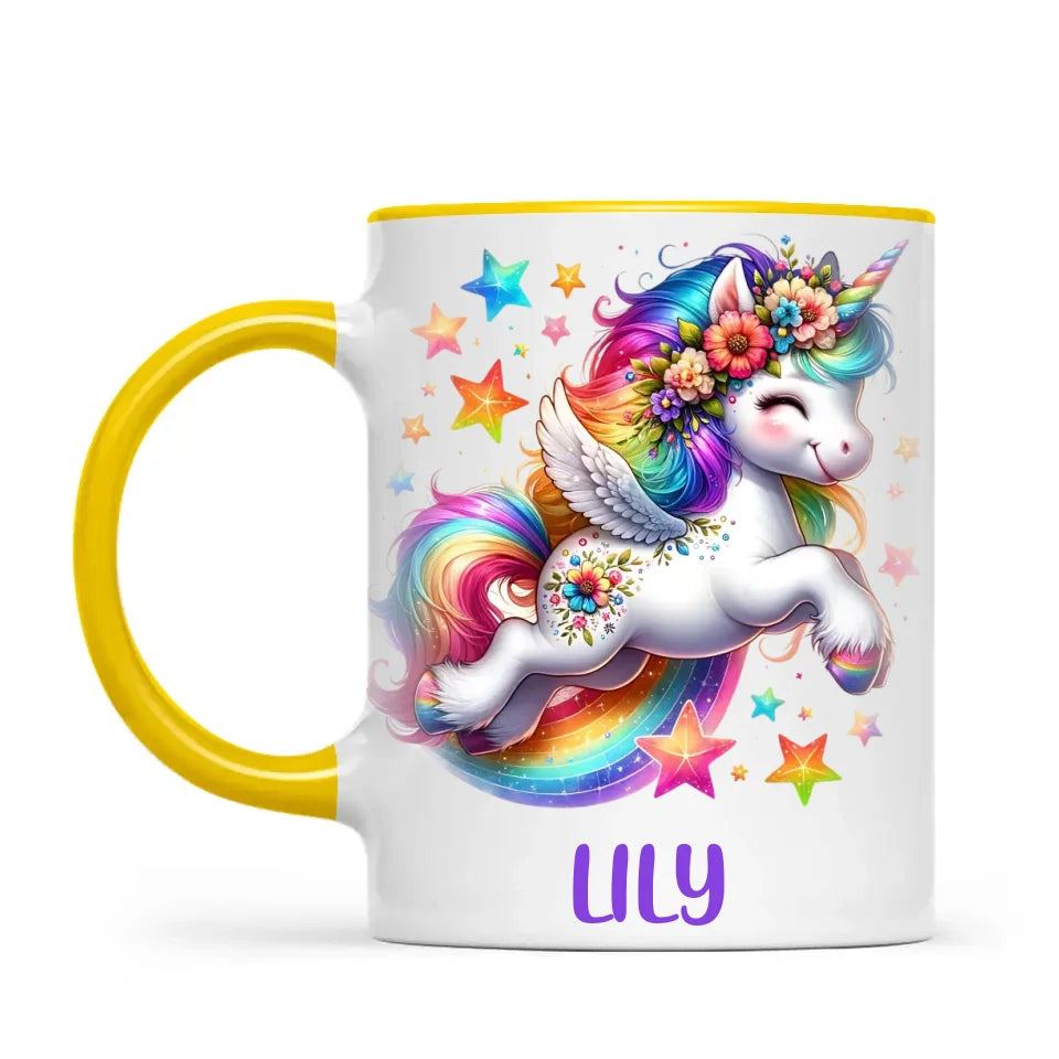 Personalised with Name, Rainbow Unicorn Kids Mug – Customised Magical Unicorn Cup for Children – Available in 11oz, 6oz & Enamel Options