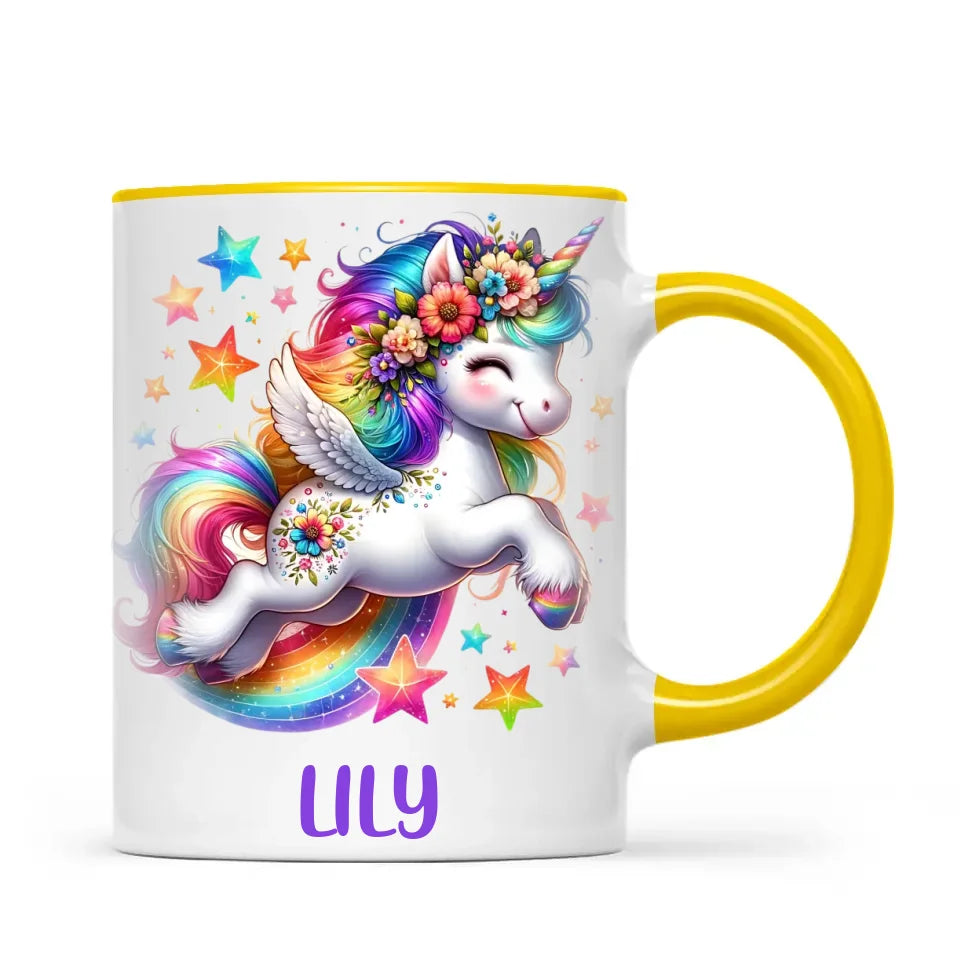 Personalised with Name, Rainbow Unicorn Kids Mug – Customised Magical Unicorn Cup for Children – Available in 11oz, 6oz & Enamel Options