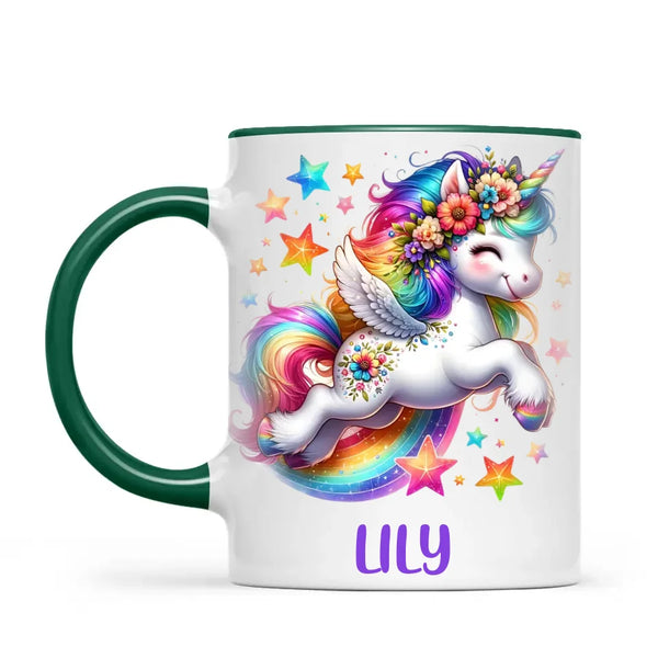Personalised with Name, Rainbow Unicorn Kids Mug – Customised Magical Unicorn Cup for Children – Available in 11oz, 6oz & Enamel Options