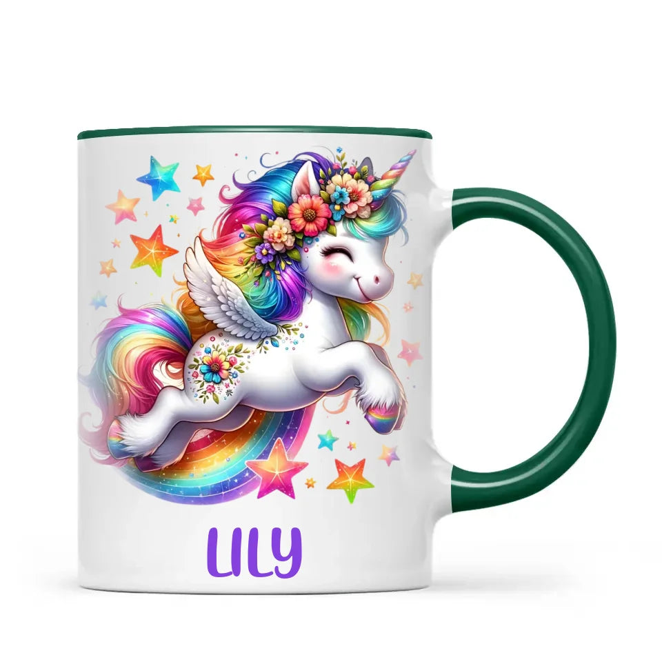 Personalised with Name, Rainbow Unicorn Kids Mug – Customised Magical Unicorn Cup for Children – Available in 11oz, 6oz & Enamel Options