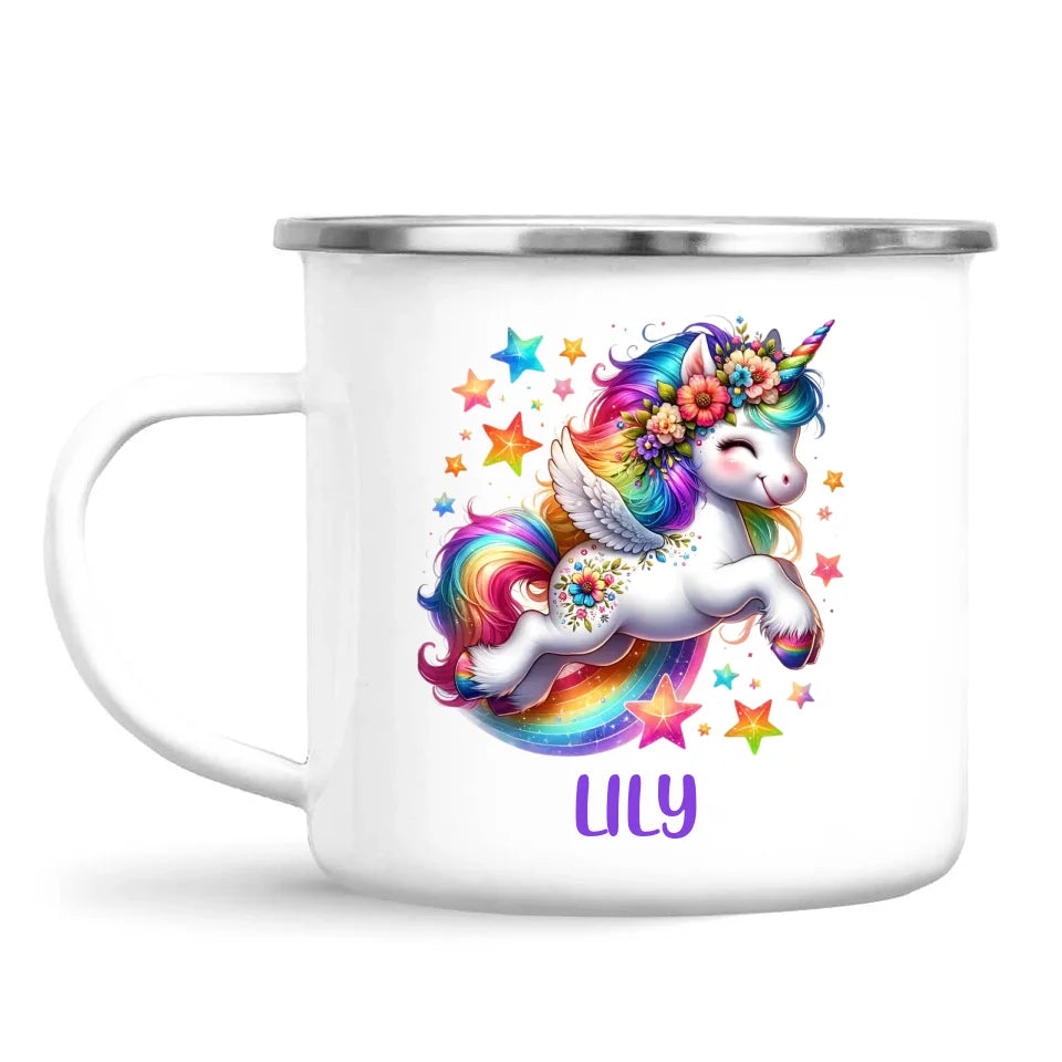 Personalised with Name, Rainbow Unicorn Kids Mug – Customised Magical Unicorn Cup for Children – Available in 11oz, 6oz & Enamel Options