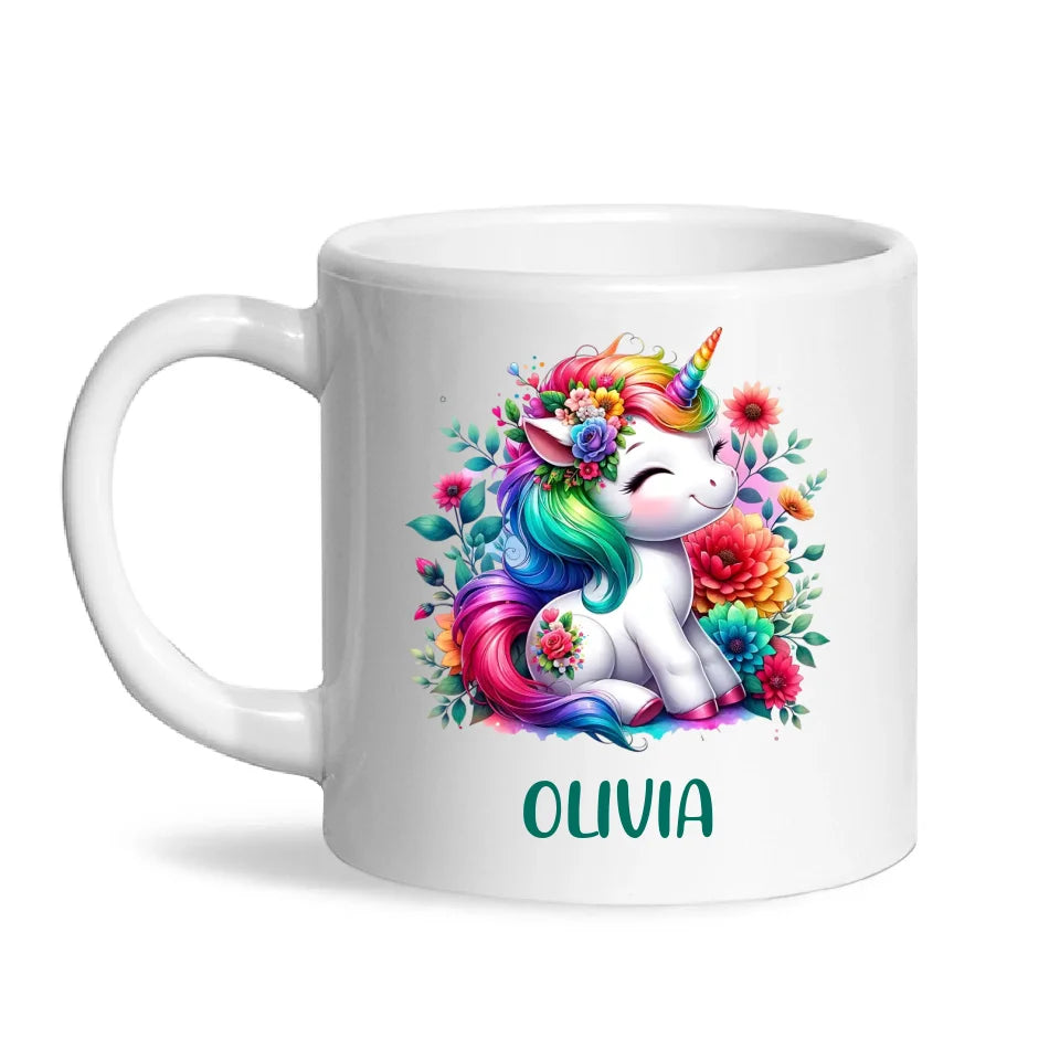 Personalised Unicorn Cup with Name - Custom Floral Rainbow Unicorn Mug for Kids - 11oz, 6oz or Enamel - New Zealand Gift
