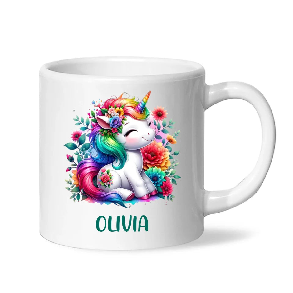 Personalised Unicorn Cup with Name - Custom Floral Rainbow Unicorn Mug for Kids - 11oz, 6oz or Enamel - New Zealand Gift