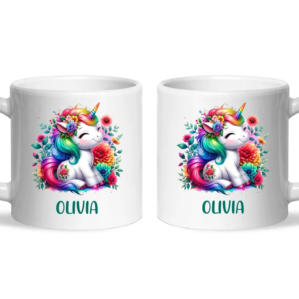 Personalised Unicorn Cup with Name - Custom Floral Rainbow Unicorn Mug for Kids - 11oz, 6oz or Enamel - New Zealand Gift