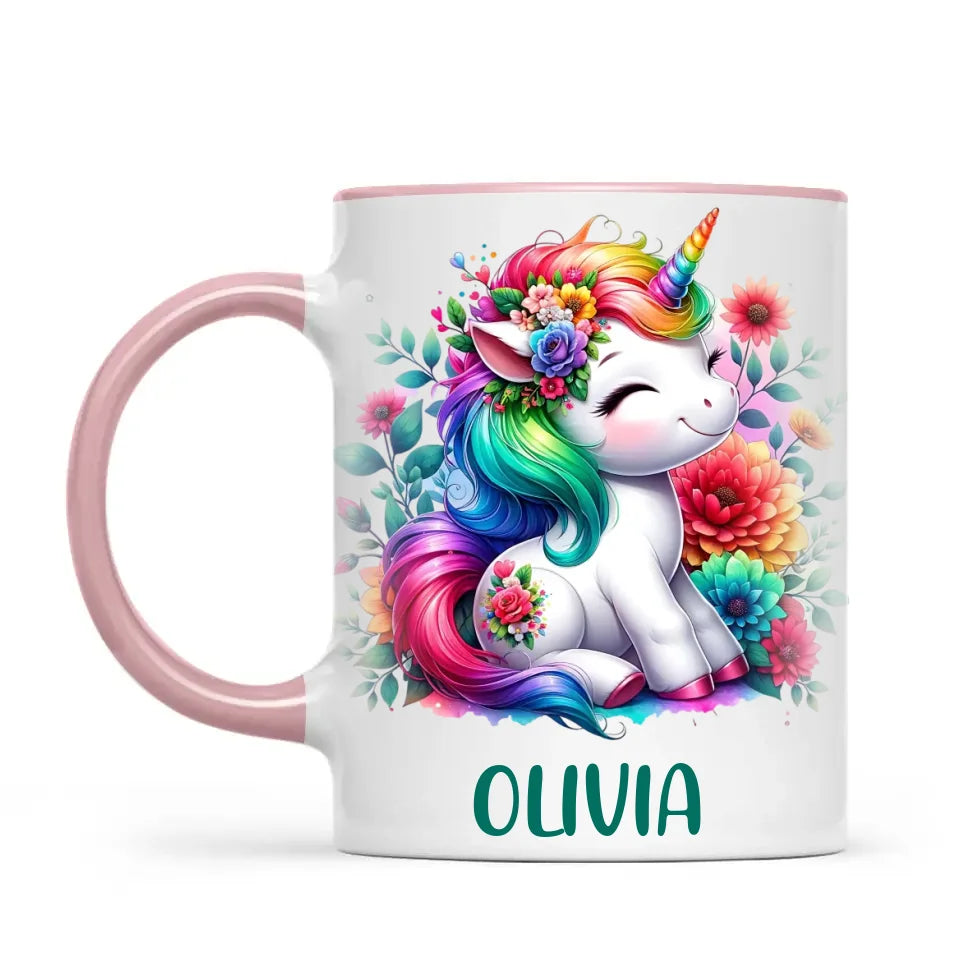 Personalised Unicorn Cup with Name - Custom Floral Rainbow Unicorn Mug for Kids - 11oz, 6oz or Enamel - New Zealand Gift