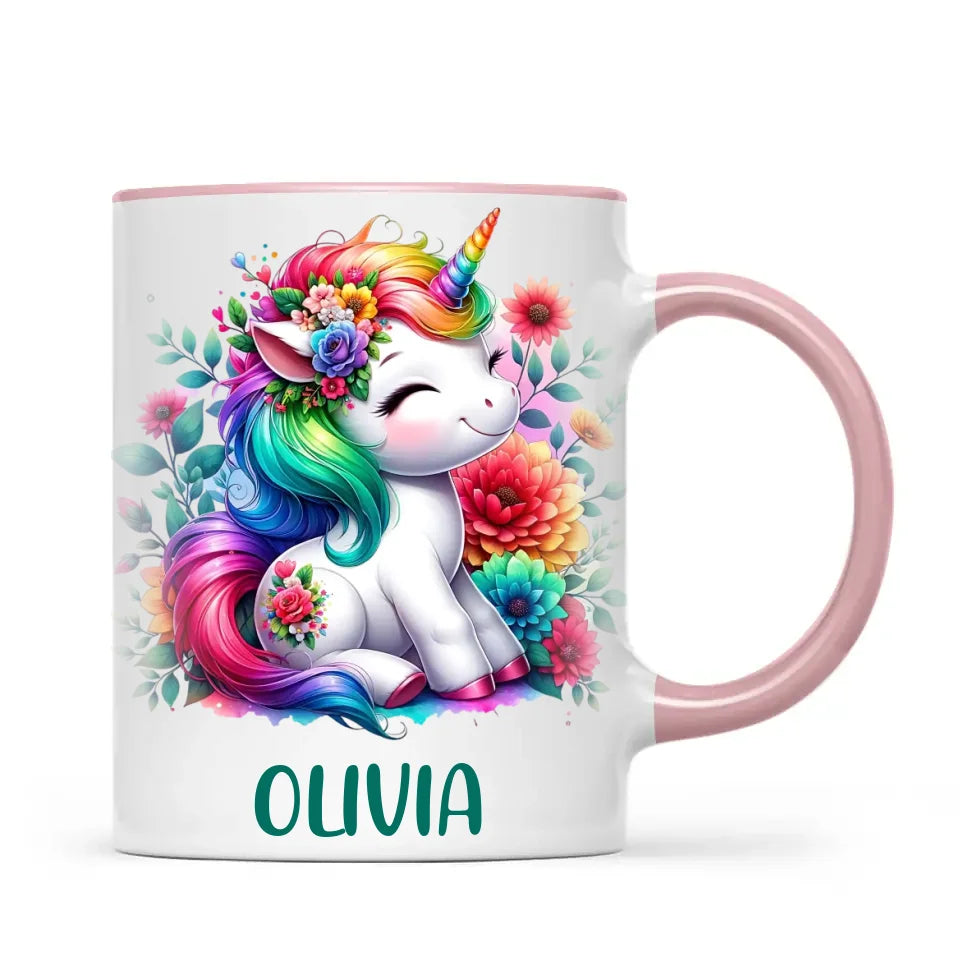 Personalised Unicorn Cup with Name - Custom Floral Rainbow Unicorn Mug for Kids - 11oz, 6oz or Enamel - New Zealand Gift