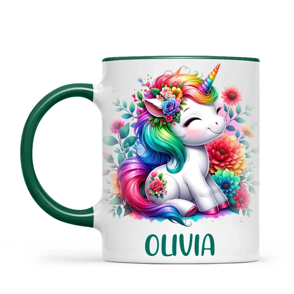 Personalised Unicorn Cup with Name - Custom Floral Rainbow Unicorn Mug for Kids - 11oz, 6oz or Enamel - New Zealand Gift