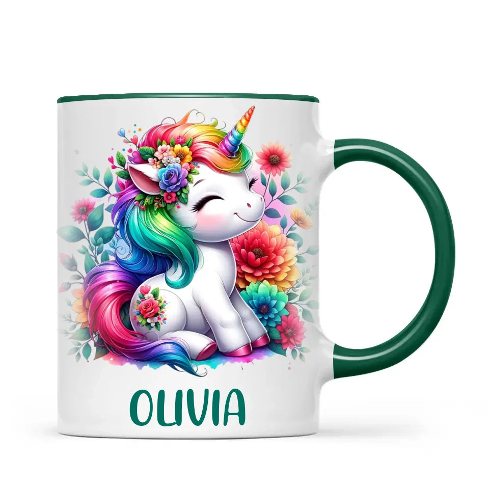 Personalised Unicorn Cup with Name - Custom Floral Rainbow Unicorn Mug for Kids - 11oz, 6oz or Enamel - New Zealand Gift