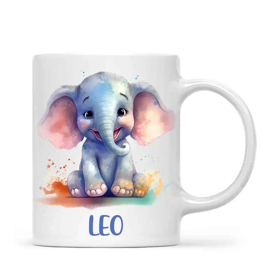 Personalised with Name, Cute Elephant Kids Mug – Customised Animal-Themed Cup for Children – Available in 11oz, 6oz & Enamel Options