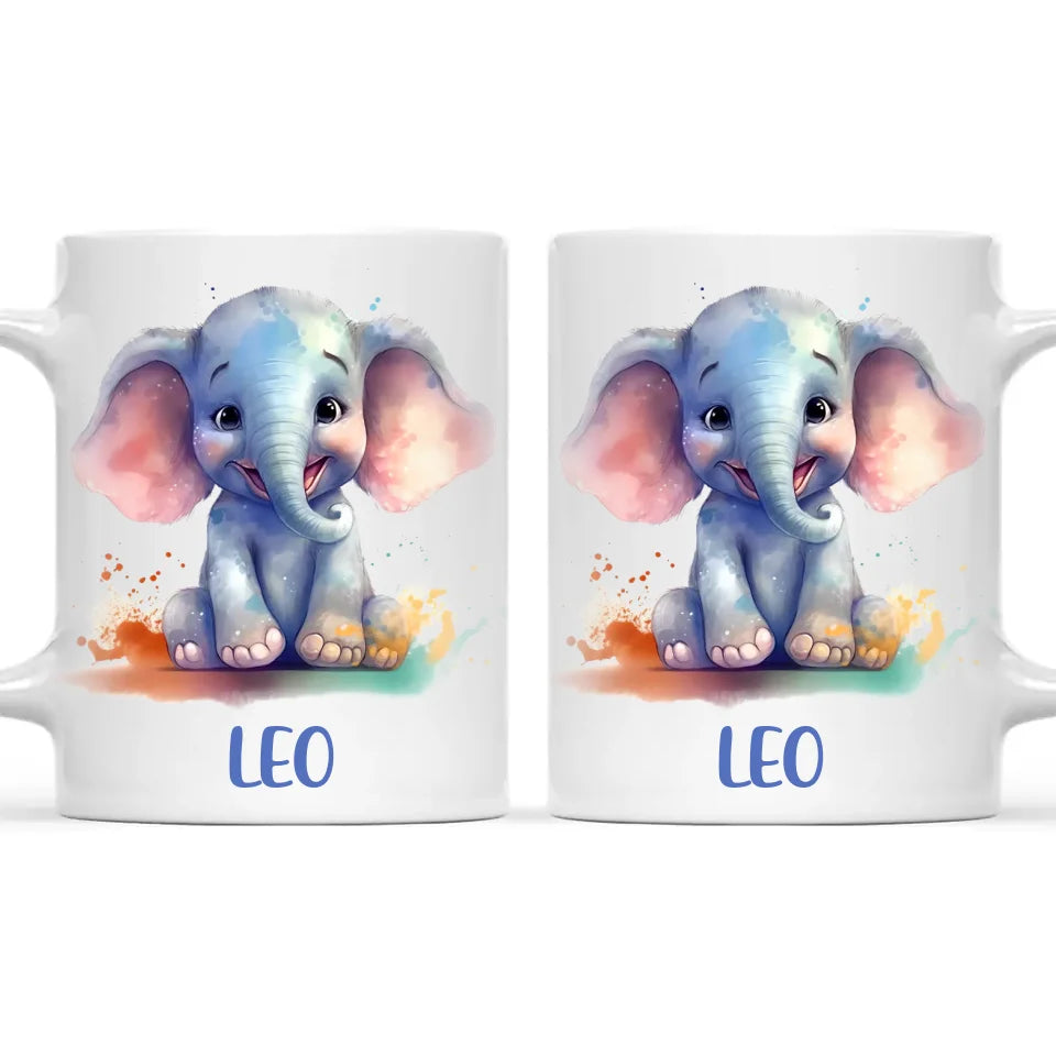Personalised with Name, Cute Elephant Kids Mug – Customised Animal-Themed Cup for Children – Available in 11oz, 6oz & Enamel Options