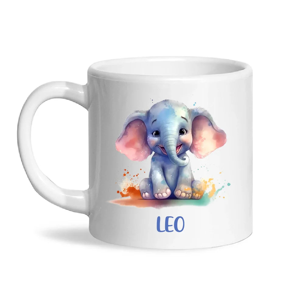 Personalised with Name, Cute Elephant Kids Mug – Customised Animal-Themed Cup for Children – Available in 11oz, 6oz & Enamel Options