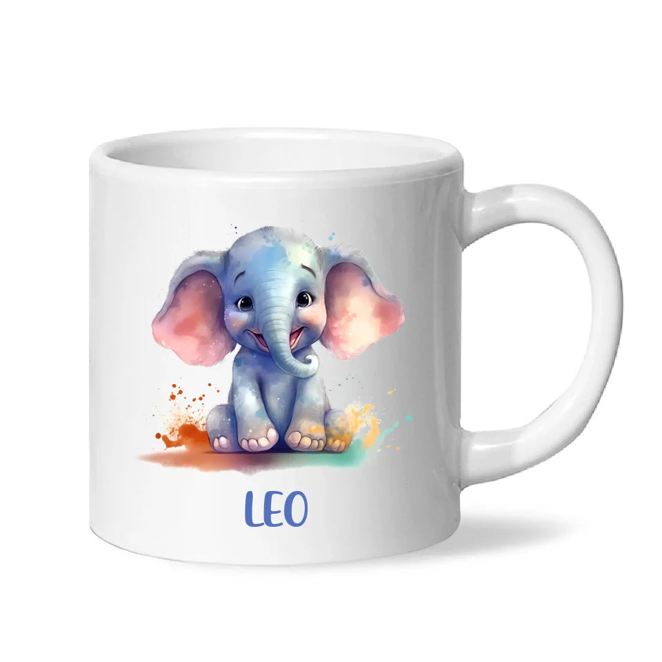 Personalised with Name, Cute Elephant Kids Mug – Customised Animal-Themed Cup for Children – Available in 11oz, 6oz & Enamel Options