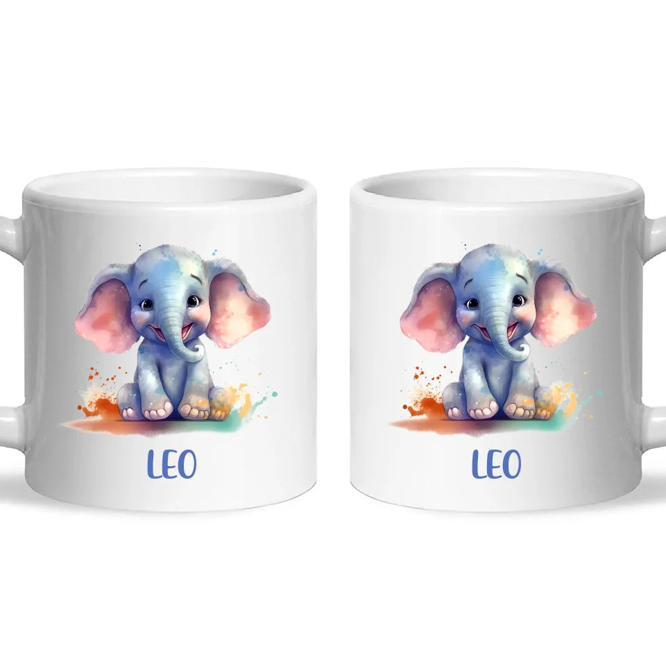 Personalised with Name, Cute Elephant Kids Mug – Customised Animal-Themed Cup for Children – Available in 11oz, 6oz & Enamel Options